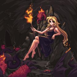 &gt;:) 1girl animated animated_gif black_dress blonde_hair burning cave claws dress fire fur holding holding_staff horns ioruko long_hair looking_at_viewer monster original pixel_art rock sitting skull smoke staff throne weapon wings x_x yellow_eyes rating:Sensitive score:19 user:ron2k15