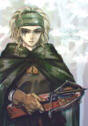 1girl 2023 arrow_(projectile) blonde_hair bow_(weapon) brown_gloves character_name cloak closed_mouth crossbow dated english_text female_focus gloves green_cloak green_eyes headband highres hild_(vinland_saga) holding holding_crossbow holding_weapon looking_at_viewer scar scar_across_eye scar_on_face solo spring_deers vinland_saga weapon