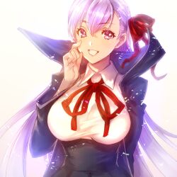  1girl absurdres arm_behind_back bb_(fate) black_coat black_skirt breasts coat collared_shirt fate/extra fate/extra_ccc fate/grand_order fate_(series) grin hair_between_eyes hair_ribbon hand_up high-waist_skirt high_collar highres kin_mokusei large_breasts long_hair long_sleeves looking_at_viewer neck_ribbon open_clothes open_coat purple_eyes purple_hair red_ribbon ribbon shirt simple_background skirt smile solo upper_body white_background white_shirt  rating:General score:2 user:danbooru