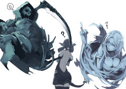  1girl ? anger_vein arc_system_works bad_id bad_pixiv_id bare_shoulders black_thighhighs blue_hair breasts cleavage dizzy_(guilty_gear) from_behind guilty_gear large_breasts middle_finger necro_(guilty_gear) one_eye_closed rca ribbon scythe simple_background skull tail tail_ornament tail_ribbon thighhighs undine_(guilty_gear) wink  rating:Sensitive score:33 user:danbooru
