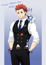  1boy belt bishounen black_pants bracelet dress_shirt emiya_shirou fate/grand_order fate/stay_night fate_(series) formal gloves hair_ribbon hands_in_pockets highres jewelry male_focus pants pendant red_hair reiichiart ribbon shirt shirt_tucked_in sleeves_rolled_up smile suit tie_clip vest white_shirt yellow_eyes  rating:General score:1 user:DaddyDio