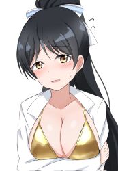  1girl arm_under_breasts bikini black_hair blush breasts cleavage commentary embarrassed flying_sweatdrops gold_bikini grabbing_own_arm hair_ribbon hazuki_ren highres large_breasts long_hair looking_at_viewer love_live! love_live!_superstar!! matcha_moti_(matcha_427) open_clothes open_mouth open_shirt ponytail ribbon shirt sweatdrop swimsuit upper_body white_background white_shirt yellow_eyes 