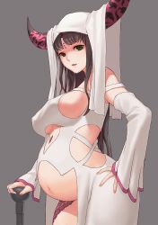  10s 1girl black_hair breasts bypos facial_mark fate/extra fate/extra_ccc fate/grand_order fate_(series) forehead_mark hand_on_own_hip highres horns large_breasts long_hair pregnant sessyoin_kiara solo  rating:Questionable score:54 user:tokyotomare