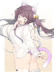  1girl ;3 ;d animal_ear_fluff animal_ears ass bell black_ribbon blush bottomless breasts brown_hair cat_ears cat_girl cat_tail closed_eyes commission facing_viewer fang hair_bell hair_ornament hair_ribbon hand_up head_tilt highres holding holding_own_hair jingle_bell korean_commentary large_breasts long_hair long_sleeves naked_shirt one_eye_closed open_mouth original pillarboxed pink_tail ribbon second-party_source shirt sidelocks smile solo sul-lin-a_(hurukku) tail thighhighs tsuka twintails very_long_hair white_shirt white_thighhighs 
