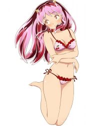  1girl alternate_hair_color bra breasts cherry_print closed_mouth commentary cone_horns floating food_print frilled_bra frilled_panties frills horns komatsu_(sakanae) legs_up light_frown long_hair looking_to_the_side lum medium_breasts navel panties pink_bra pink_hair pink_panties pointy_ears print_bra side-tie_panties simple_background solo string_panties takahashi_rumiko_(style) underwear underwear_only urusei_yatsura white_background yellow_eyes 