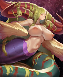 1girl absurdly_long_hair armpits bare_shoulders blonde_hair blush breasts breath_of_fire breath_of_fire_iii capcom closed_eyes closed_mouth collarbone curled_horns feathered_wings groin hair_on_horn horns huge_breasts lamia long_hair monster_girl multiple_horns myria navel nipples niur nude paid_reward_available parted_bangs perky_breasts sidelocks sky solo star_(sky) starry_sky stomach very_long_hair winged_arms wings  rating:Questionable score:112 user:danbooru