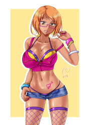 1girl aged_up artist_name bandeau bikini bikini_under_clothes blue_shorts bracelet breasts brown_eyes cleavage clothes_pull commentary cowboy_shot crop_top dated fishnet_thighhighs fishnets glasses halterneck highres jewelry large_breasts looking_at_viewer micro_shorts mismatched_bikini navel open_fly open_mouth orange_hair parted_lips pink-framed_eyewear pink_nails pink_shirt precure pulling_own_clothes purple_bikini purple_thighhighs revealing_clothes semi-rimless_eyewear shirabe_ako shirt short_hair shorts shorts_pull signature simple_background smile solo standing stomach_tattoo strap_slip string_bikini suite_precure swimsuit tamo_(nama-yatsuhashi) tan tattoo thighhighs under-rim_eyewear yellow_bandeau yellow_bikini