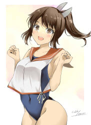  1girl blue_one-piece_swimsuit blush breasts brown_eyes brown_hair dated gakky gradient_background hair_ornament highres i-401_(kancolle) kantai_collection looking_at_viewer medium_breasts one-piece_swimsuit open_mouth orange_sailor_collar ponytail sailor_collar school_swimsuit school_uniform serafuku shirt short_hair short_ponytail side-tie_shirt signature sleeveless smile solo swimsuit swimsuit_under_clothes white_background yellow_background 