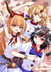  3girls absurdres belt black_hair blonde_hair brown_eyes commentary_request commission highres holding holding_microphone horns hoshiguma_yuugi ibuki_suika kijin_seija microphone multicolored_hair multiple_girls musical_note orange_hair red_eyes red_hair red_horns short_hair single_hand skeb_commission skull star_(symbol) streaked_hair tofuandsoup torn_clothes torn_sleeves touhou white_hair 
