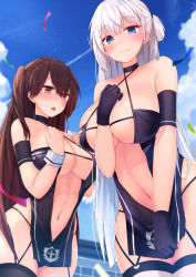 2girls :o absurdres azur_lane bare_hips bare_shoulders black_gloves black_legwear blue_eyes blue_sky blunt_bangs blush breasts brown_eyes brown_hair center_opening cleavage closed_mouth clothes_writing cloud collarbone commentary_request confetti cowboy_shot day earrings gloves halterneck hand_on_own_chest hands_on_own_chest highres jewelry large_breasts long_hair looking_at_viewer multiple_girls navel one_side_up open_mouth outdoors race_queen revealing_clothes shoukaku_(azur_lane) shoukaku_(sororal_wings)_(azur_lane) silver_hair sky smile stomach stud_earrings thighhighs u_ronnta very_long_hair white_legwear wrist_cuffs zuikaku_(azur_lane) zuikaku_(the_wind&#039;s_true_name)_(azur_lane) rating:Sensitive score:122 user:danbooru