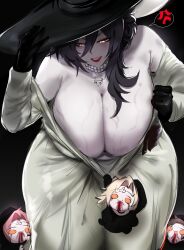  2023 4girls alcina_dimitrescu alcina_dimitrescu_(cosplay) anger_vein annoyed bags_under_eyes bela_dimitrescu black_background black_cloak black_gloves black_hair black_hat blonde_hair blood blood_from_mouth blush breasts brown_hair capcom cassandra_dimitrescu chibi cleavage clenched_teeth cloak commentary constricted_pupils cosplay curvy daniela_dimitrescu dress english_commentary female_focus gloves glowing glowing_eyes hair_between_eyes hat hood hooded_cloak huge_breasts jewelry k_(kuayrenaiz) kurenaiz_(kuayrenaiz) leaning_forward long_dress long_hair looking_at_another looking_down mature_female multiple_girls necklace off_shoulder open_mouth original pale_skin pearl_necklace phallic_symbol pulling_another&#039;s_clothes red_eyes red_hair red_lips resident_evil resident_evil_village shaded_face simple_background slit_pupils sun_hat tall_female teeth veins veiny_breasts 