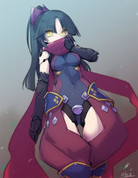  1girl black_hair covered_erect_nipples covered_navel fate/grand_order fate_(series) joints katou_danzou_(fate) ponytail robot_joints scarf signature solo stroma tagme yellow_eyes  rating:Sensitive score:16 user:danbooru