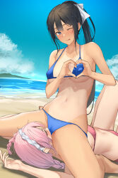  2girls :p absurdres bare_arms bare_legs bare_shoulders beach bikini black_hair blue_bikini blue_eyes blush breasts closed_eyes commission cunnilingus cunnilingus_through_clothes day hair_ornament hair_ribbon heart heart_hands highres large_breasts long_hair looking_at_viewer lying multiple_girls navel on_back one_eye_closed oral original outdoors pallad pink_bikini pink_hair ponytail ribbon sitting sitting_on_face sitting_on_person skeb_commission swimsuit tan tanline tongue tongue_out underboob water white_ribbon yuri 
