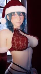  1girl 3d animated bare_shoulders blue_eyes blue_hair blush bouncing_breasts bra breasts byleth_(female)_(fire_emblem) byleth_(fire_emblem) christmas cleavage elbow_gloves fire_emblem fire_emblem:_three_houses gloves green_hair hat highres interior j9006 jiggle large_breasts lips long_hair looking_at_viewer lowres navel nintendo panties red_bra santa_hat solo stomach underwear video  rating:Questionable score:406 user:JustHere4Butts
