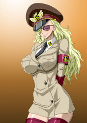 1girl armband blonde_hair boots breasts closed_mouth domino_(one_piece) female_focus gloves gradient_background hair_over_one_eye hat highres large_breasts legs long_hair necktie nel-zel_formula one_piece peaked_cap pink-tinted_eyewear pink-tinted_glasses simple_background smile solo source_request standing sunglasses thigh_boots thighhighs thighs tinted_eyewear uniform