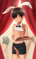 bar_censor blush bow bowtie brown_eyes brown_hair cafe censored closed_mouth erection fanbox_reward looking_at_viewer male_focus navel nipples one_eye_covered original paid_reward paid_reward_available penis rabbit_ears redkeji shiny_skin shorts shota testicles thighs waiter yaoi