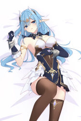  1girl absurdres azur_promilia bare_shoulders black_gloves black_thighhighs blue_eyes blue_hair breasts covered_navel dangle_earrings dress earrings gloves hand_on_own_stomach highres ittentoppa jewelry large_breasts long_hair looking_at_viewer on_bed parted_lips pointy_ears shalle_ensys_(azur_promilia) short_dress solo thighhighs 