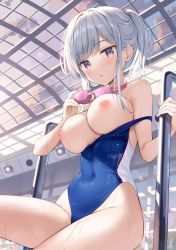  1girl bare_shoulders blue_one-piece_swimsuit blush breasts breasts_out clothes_pull cloud cloudy_sky collarbone comic_megastore competition_school_swimsuit competition_swimsuit covered_navel day detexted fingernails goggles goggles_around_neck grey_hair grey_sky groin hair_intakes highleg highleg_swimsuit highres indoors large_breasts looking_at_viewer nipples one-piece_swimsuit one-piece_swimsuit_pull original oryo_(oryo04) parted_lips ponytail pool poolside purple_eyes school_swimsuit short_hair sidelocks sitting sky solo swimsuit thighs third-party_edit two-tone_swimsuit wet wet_clothes wet_swimsuit 