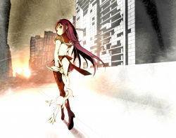 10s 1girl akemi_homura black_hair boots city from_behind hairband holding_another&#039;s_tail kyubey long_hair looking_back magical_girl mahou_shoujo_madoka_magica mahou_shoujo_madoka_magica_(anime) pantyhose purple_eyes reri ruins school_uniform solo sun sunset tail tail_grab walking rating:Sensitive score:10 user:danbooru
