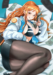  1girl absurdres alternate_costume bed_sheet bikini bikini_top_only black_bikini black_pantyhose black_skirt blue_nails blush breasts cleavage commentary_request commission falling_money feet_out_of_frame food fruit highres holding holding_money jacket large_breasts long_hair long_sleeves looking_at_viewer lying mandarin_orange mandarin_orange_slice miniskirt money nail_polish nami_(one_piece) on_side one_piece open_clothes open_jacket orange_eyes orange_hair pantyhose pencil_skirt pillow skeb_commission skirt solo swimsuit thighs tongue tongue_out wavy_hair yamada_otonari 