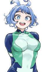  1girl :d absurdres arms_behind_back blue_bodysuit blue_eyes blue_hair bodysuit boku_no_hero_academia breasts covered_collarbone fengling_(furin-jp) green_bodysuit hadou_nejire hair_horns highres large_breasts looking_at_viewer multicolored_bodysuit multicolored_clothes official_alternate_hair_length official_alternate_hairstyle open_mouth short_hair simple_background skin_tight smile solo unfinished white_background 