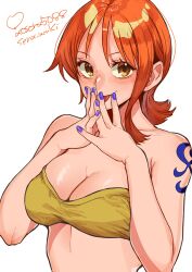  1girl aosora2823 azuki_sena bare_arms bare_shoulders breasts brown_eyes cleavage collaboration commentary_request heart highres looking_at_viewer medium_breasts midriff nail_polish nami_(one_piece) one_piece orange_hair own_hands_together purple_nails short_hair shoulder_tattoo simple_background single_sidelock smile solo strapless tattoo tongue tongue_out tube_top twitter_username upper_body white_background yellow_tube_top 
