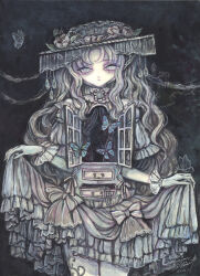  1girl acrylic_paint_(medium) bug butterfly commentary_request curtains doll drawer expressionless grey_hair hat highres hole_in_chest hole_on_body insect looking_at_viewer original painting_(medium) pale_skin skirt_hold solo sumire_shisei traditional_media wavy_hair white_eyes window 