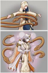  1girl between_breasts blonde_hair breast_smother breasts coiled demdeet face_to_breasts fire_emblem fire_emblem_heroes gullveig_(fire_emblem) highres hood hooded_coat hug kiran_(fire_emblem) large_breasts long_hair long_sleeves multicolored_hair nintendo oni_horn snake summoner_(fire_emblem_heroes) t-pose tagme white_hair wide_hips yellow_eyes 