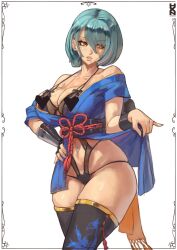 1girl black_bra black_panties black_thighhighs blue_hair blue_kimono bra brown_eyes censored censored_nipples collarbone cowboy_shot dead_or_alive dead_or_alive_6 dead_or_alive_xtreme_venus_vacation heart heart_censor highres howxen japanese_clothes kimono lingerie looking_to_the_side mole mole_under_eye multicolored_hair off_shoulder panties parted_lips pink_hair short_hair simple_background skindentation solo streaked_hair tamaki_(doa) thighhighs underwear white_background