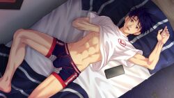1boy abs ace_anderson bedroom blue_boxer_briefs blue_hair blue_male_underwear boxer_briefs bulge clothes_lift collaboration dark_blue_hair feet_out_of_frame floor from_above highres indoors jock_studio_(blits_games) looking_at_viewer male_focus male_underwear mikkoukun navel non-web_source official_art on_bed open_mouth phone shirt shirt_lift short_hair solo teeth underwear upper_teeth_only variant_set wall white_shirt zamius rating:Questionable score:2 user:danbooru