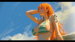  1girl absurdres aika_arts arm_behind_head arm_up bare_shoulders bikini bikini_top_only blue_sky breasts cleavage cloud cloudy_sky commentary_request earrings green_bikini halterneck highres jewelry large_breasts long_hair midriff nami_(one_piece) one_piece orange_hair outdoors parted_lips pearl_earrings shoulder_tattoo sidelocks signature sky solo swimsuit tattoo upper_body 