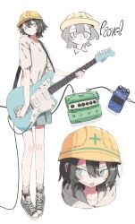 1girl absurdres blue_eyes converse effects_pedal full_body grey_hair guitar hair_between_eyes hard_hat helmet highres holding holding_guitar holding_instrument instrument multiple_views nanoni! original pigeon-toed shirt short_hair signature tongue tongue_out v-shaped_eyebrows white_background white_shirt wolf_cut 