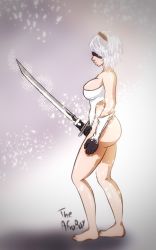 1girl 2b_(nier:automata) abstract_background android arm_guards armpits artist_name ass bare_shoulders barefoot black_gloves blindfold bracelet breasts closed_mouth collarbone feet female_focus from_side full_body gloves gradient_background highleg highleg_leotard highres holding holding_sword holding_weapon jewelry katana legs leotard light_particles medium_breasts neck nier:automata nier_(series) parted_lips profile shiny_clothes shiny_skin short_hair sideboob skin_tight sleeveless standing strapless strapless_leotard sword theafroboy thighs toes walking weapon white_hair white_leotard