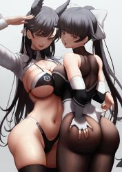  2girls :q amakuri3000 anchor_symbol animal_ears ass atago_(azur_lane) atago_(stunning_speedster)_(azur_lane) azur_lane bare_shoulders bikini black_bikini black_bodysuit black_hair black_legwear black_leotard blush bodystocking bodysuit bow breast_press breasts brown_eyes collarbone commentary_request dog_ears elbow_gloves emblem fingerless_gloves from_behind frown gloves gradient_background hair_bow hair_flaps hair_ribbon hand_on_own_ass high_ponytail impossible_clothes large_breasts leotard long_hair mole mole_under_eye multicolored_leotard multiple_girls navel open_mouth pantyhose parted_lips ponytail race_queen revision ribbon shiny_skin shrug_(clothing) sweat swimsuit symmetrical_docking takao_(azur_lane) takao_(full_throttle_charmer)_(azur_lane) thighhighs thighs thong_leotard tongue tongue_out unitard white_bow white_ribbon 