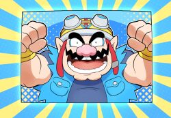  1boy blue_shirt cleft_chin clenched_hands denim denim_jacket facial_hair fingerless_gloves gloves goggles goggles_on_headwear highres hoshi_(star-name2000) jacket looking_at_viewer mustache nintendo open_mouth pointy_ears shirt square thick_eyebrows wario warioware warioware:_get_it_together! yellow_gloves 