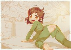 1girl alkemanubis all_fours ass barefoot blush brown_eyes brown_hair butt_crack butt_flap button christmas christmas_ornaments christmas_present christmas_tree feet female_focus freckles gift green_pajamas green_pants green_shirt happy highres loli long_sleeves looking_at_viewer looking_back open_mouth open_pajamas original pajamas pants shirt short_hair smile solo teeth unbuttoned unbuttoned_pants wardrobe_malfunction rating:Questionable score:368 user:BaronArgyleSven