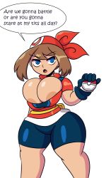 1girl areola_slip bandana bike_shorts blue_eyes breasts brown_hair bursting_breasts cleavage collarbone cowboy_shot creatures_(company) english_text female_focus game_freak gloves grin highres holding huge_breasts iggybomb may_(pokemon) multiple_views navel nintendo no_bra open_mouth poke_ball pokemon pokemon_rse short_sleeves sidelocks simple_background smile standing thick_thighs thigh_gap thighs white_background wide_hips rating:Questionable score:48 user:Vardigiil