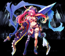  1girl absurdres belt bikini blue_eyes breasts choker eden&#039;s_ritter_grenze fingerless_gloves garter_straps gloves greatsword hair_between_eyes hat highres holding holding_sword holding_weapon jacket large_breasts long_hair looking_at_viewer navel open_clothes open_jacket pink_hair sakuya_tsuitachi single_fingerless_glove single_garter_strap single_thighhigh solo swimsuit sword thigh_strap thighhighs twintails weapon 