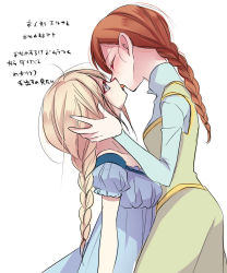  2girls anna_(frozen) blonde_hair blue_eyes braid dress elsa_(frozen) frozen_(disney) hand_on_another&#039;s_head highres incest kiss kokuchuutei long_hair multiple_girls red_hair siblings simple_background single_braid sisters tongue translation_request white_background yuri  rating:Questionable score:94 user:danbooru