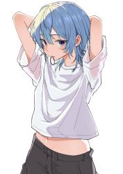  1girl adjusting_hair arms_up blue_eyes blue_hair casual el_(nevelo) grey_pants hair_tie_in_mouth highres hololive hoshimachi_suisei light_blush looking_at_viewer midriff_peek mouth_hold navel pants shirt short_hair short_sleeves simple_background solo t-shirt upper_body virtual_youtuber white_shirt 