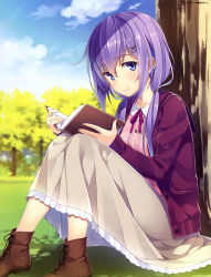  1girl absurdres artist_name blouse blue_eyes blurry blush book boots cardigan cloud collarbone cross-laced_footwear day dengeki_moeou depth_of_field hair_ornament hairclip highres holding holding_book long_hair long_skirt long_sleeves low_twintails open_book open_cardigan open_clothes outdoors purple_hair ribbon shirt sitting skirt smile solo tree twintails under_tree yuuki_hagure  rating:General score:14 user:danbooru