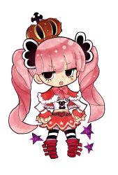  1girl belt boots bow capelet chibi crown fur_trim hands_on_own_hips heart highres koyubisennti long_sleeves one_piece perona pink_hair red_footwear shoes shueisha skirt solo striped_legwear twintails  rating:Sensitive score:7 user:asfsghjgf