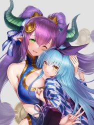  2girls 3: 3:&lt; ;d blue_hair blue_kimono blush bow breasts china_dress chinese_clothes cleavage cleavage_cutout closed_mouth clothing_cutout demon_horns double_bun dress green_eyes grey_background hair_bow hair_bun hairband horns hug japanese_clothes kimono large_breasts long_hair looking_at_viewer looking_back multiple_girls one_eye_closed open_mouth parted_lips petite pointy_ears purple_bow purple_hair simple_background size_difference smile soukyuu_no_skygalleon teeth twintails upper_body v v-shaped_eyebrows very_long_hair yagasuri yapo_(croquis_side) yellow_eyes  rating:Sensitive score:14 user:danbooru