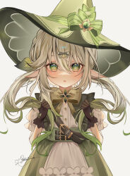  1girl absurdres black_gloves blush bow bowtie brown_bow brown_bowtie dress_shirt floating_hair genshin_impact gloves gradient_hair green_bow green_eyes green_hair grey_background grey_hair hair_bow hat hat_bow highres long_hair looking_at_viewer multicolored_hair nahida_(genshin_impact) open_mouth shirt short_sleeves signature simple_background solo standing striped_bow symbol-shaped_pupils twintails white_shirt witch_hat yena_s 