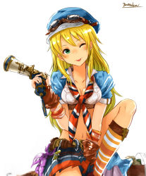 1girl ;p belt blonde_hair blue_hat blush breasts brown_gloves cleavage cosplay crop_top eyebrows fingerless_gloves gloves goggles goggles_on_head granblue_fantasy green_eyes gun handgun hasegawa_akiko hat holding holding_gun holding_weapon hoshii_miki idolmaster idolmaster_(classic) long_hair looking_at_viewer mary_(granblue_fantasy) mary_(granblue_fantasy)_(cosplay) medium_breasts miniskirt navel one_eye_closed pleated_skirt short_sleeves simple_background skirt smile solo tongue tongue_out voice_actor_connection weapon white_background yatsuka_(846)