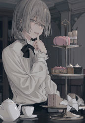  1boy androgynous bags_under_eyes biscuit black_bow blouse bow braid cup cupcake flower food grey_eyes grey_hair hair_bow highres indoors lily_(flower) male_focus original reflection sandwich shirt shirt_tucked_in sinaco solo table teacup teapot tongue tongue_out tray white_shirt 
