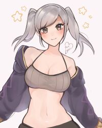  1girl bandeau bare_shoulders breasts camisole cleavage commentary english_commentary fire_emblem fire_emblem_awakening grey_background grey_eyes grey_hair highres jacket long_hair long_sleeves looking_at_viewer medium_breasts midriff navel nintendo open_clothes open_jacket purple_jacket purrlucii revision robin_(female)_(fire_emblem) robin_(fire_emblem) simple_background smile solo stomach swept_bangs twintails upper_body 