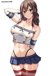  1girl absurdres adapted_costume arm_behind_back arm_behind_head bare_shoulders black_panties blue_skirt blush braid breasts brown_hair buttons cleavage cosplay cropped_shirt double-breasted elbow_gloves embarrassed frown gloves green_eyes hair_between_eyes highleg highleg_panties highres hip_focus kantai_collection large_breasts long_hair looking_at_viewer medium_breasts microskirt midriff mizuki_(uzuki_no_sato) navel noshiro_(kancolle) panties pleated_skirt revealing_clothes shimakaze_(kancolle) shimakaze_(kancolle)_(cosplay) shirt skindentation skirt sleeveless sleeveless_shirt solo striped_clothes striped_thighhighs thighhighs thighs underwear white_gloves white_shirt 