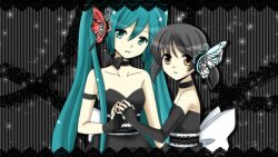 2girls :o age_difference aqua_eyes aqua_hair aqua_nails arm_strap back_bow black_background black_choker black_dress black_gloves black_hair bow brown_eyes butterfly_hair_ornament choker collarbone dress elbow_gloves fingerless_gloves gloves hair_between_eyes hair_ornament hatsune_miku height_difference holding_hands kaai_yuki lace_background light_particles loli looking_at_viewer magnet_(vocaloid) multiple_girls nurun_najwah open_mouth short_twintails sidelocks twintails vocaloid white_bow  rating:Sensitive score:2 user:FishdicksInYaMouth