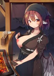  1girl absurdres breasts eel food_stand highres japanese_clothes kimono large_breasts mamemochi mystia_lorelei nipples okamisty touhou wings yatai  rating:Sensitive score:22 user:aintq10